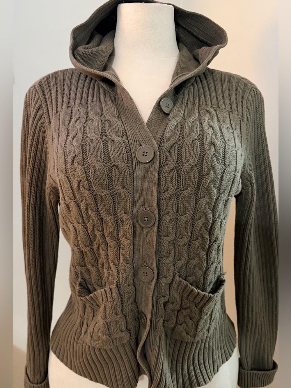 Relativity 100% Cotton Cable Knit Hooded Button Cardigan Sweater L Y2K Fisherman